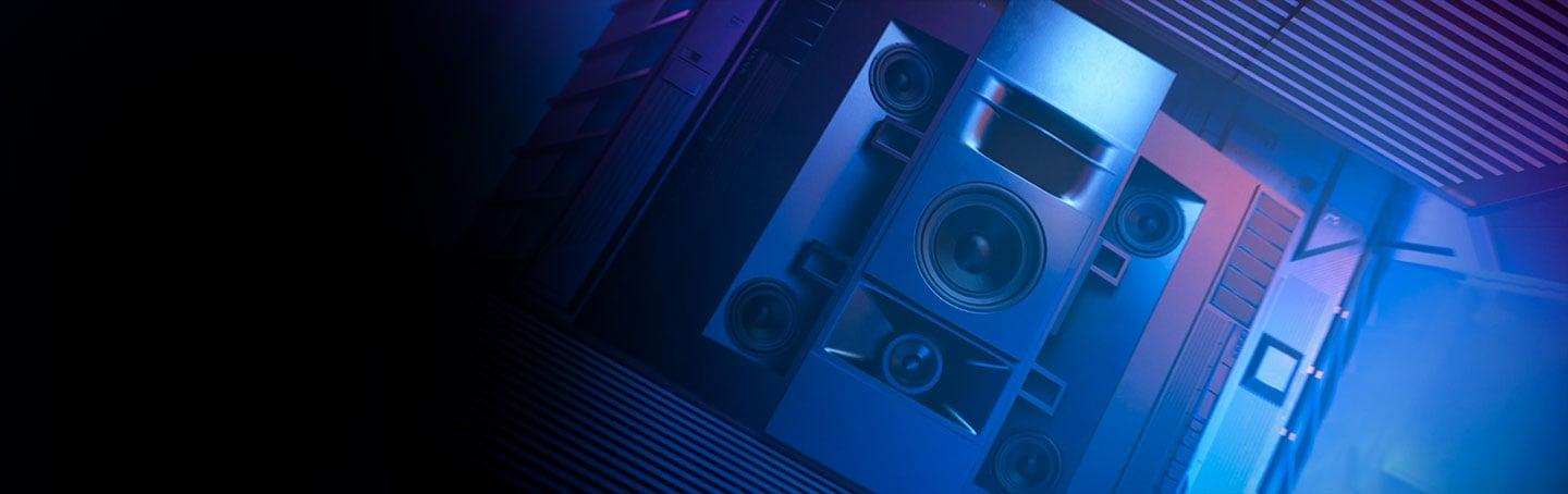 large stack of blue IMAX speakers used in IMAX movie theatres