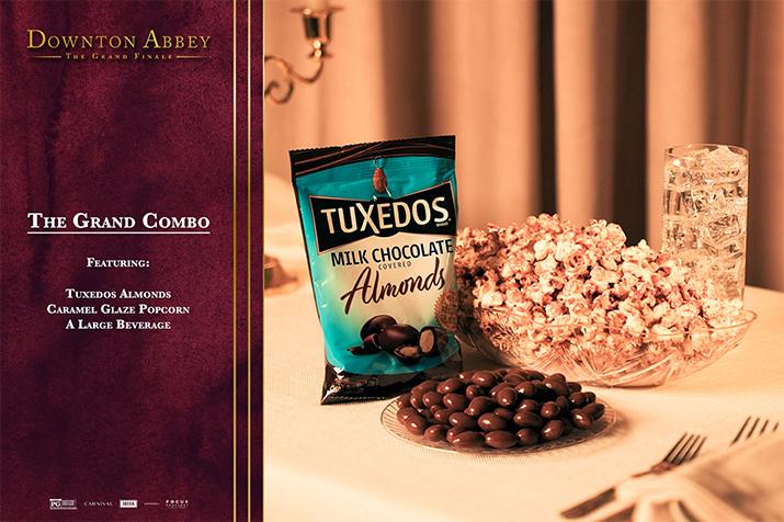 Downton Abbey concessions combo featuring milk chocolate covered almonds, caramel glaze popcorn, and a large drink
