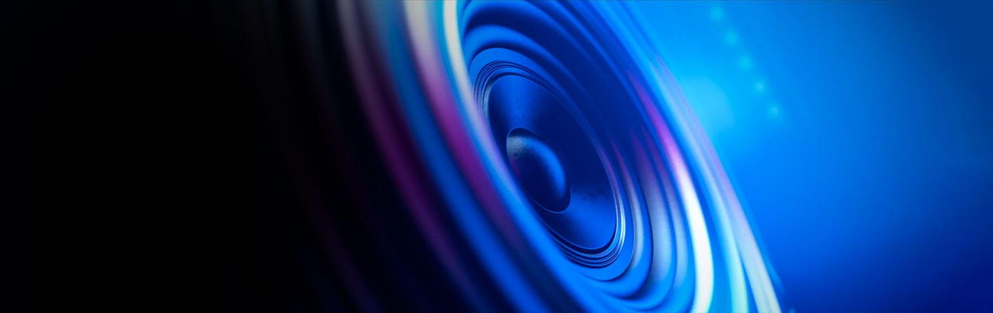 Close up of a blue and purple IMAX speaker