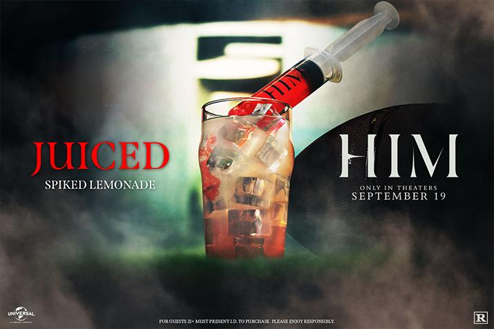 Him bar promotion including a mix of spiked lemonade and a blood red grenadine syringe shot