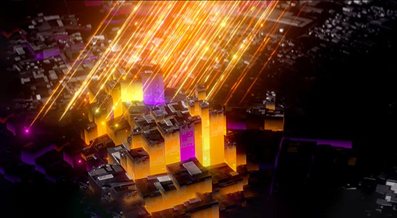 Rays of golden light raising 3D objects from the ground