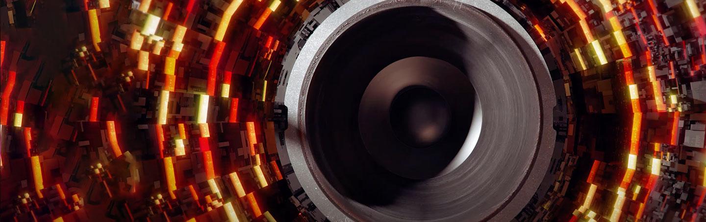 large speaker in space with 3D ground objects moving out from the speaker used in RPX movie theatres