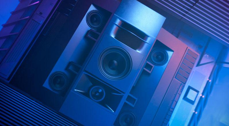 large stack of blue IMAX speakers used in IMAX movie theatres