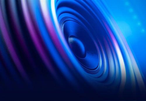 Close up of a blue and purple IMAX speaker