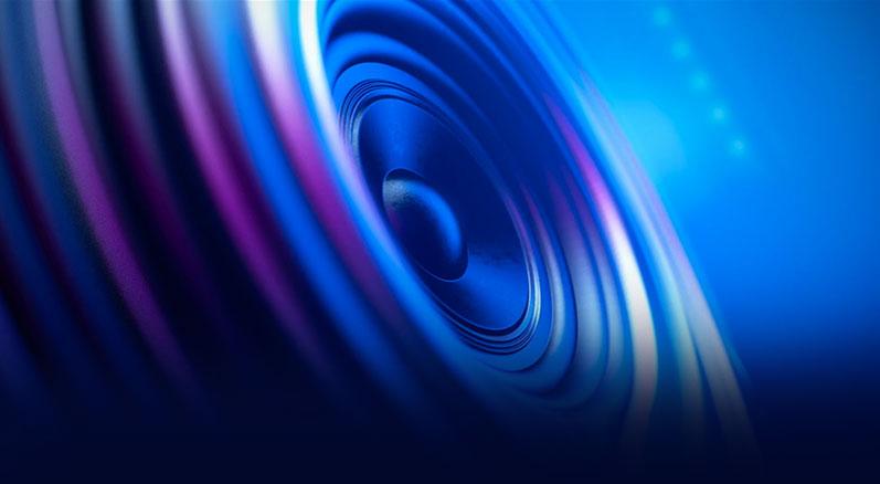 Close up of a blue and purple IMAX speaker