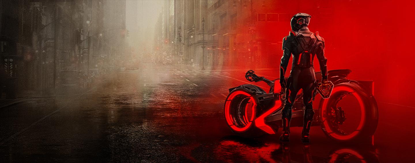 Ares standing next to motorcycle Desktop