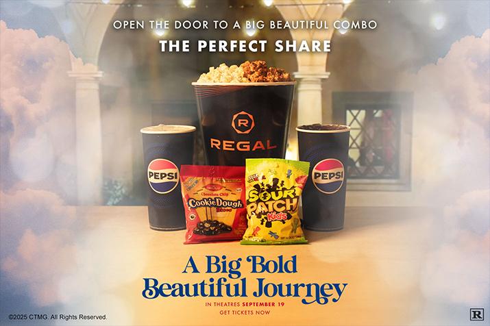 A Big Bold Beautiful Journey concessions combo including a buttery and caramel popcorn duo, two large beverages, and two candies