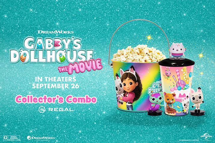 Gabby's Dollhouse: The Movie Collector's Combo featuring a popcorn tin, cup and topper