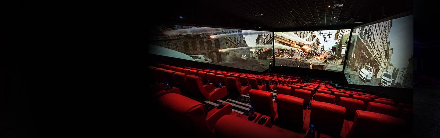 cars and explosions happening on the three screens that surround the ScreenX theatre