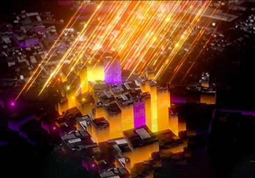 Rays of golden light raising 3D objects from the ground