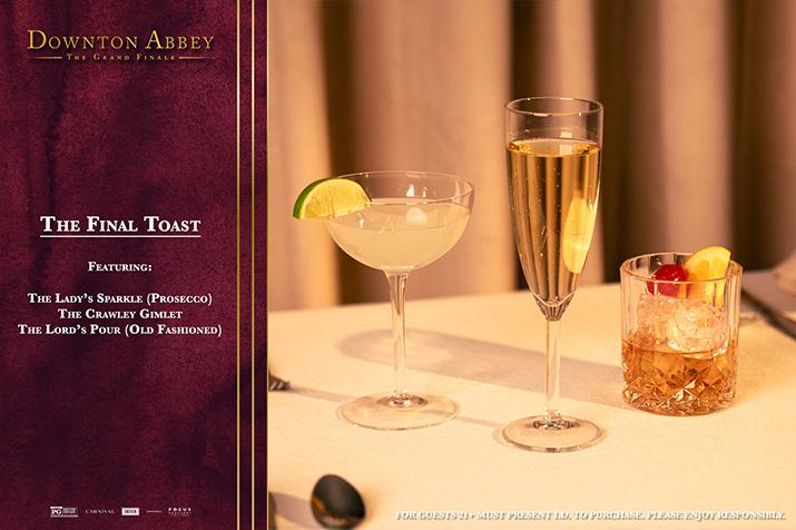 Downton Abbey bar promotion featuring prosecco, the Crawely Gimlet, and an old fashioned