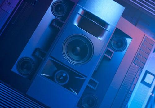 large stack of blue IMAX speakers used in IMAX movie theatres