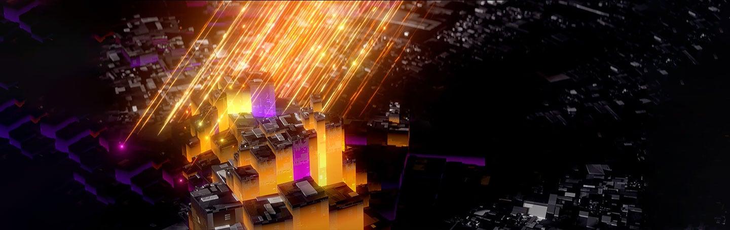 Rays of golden light raising 3D objects from the ground